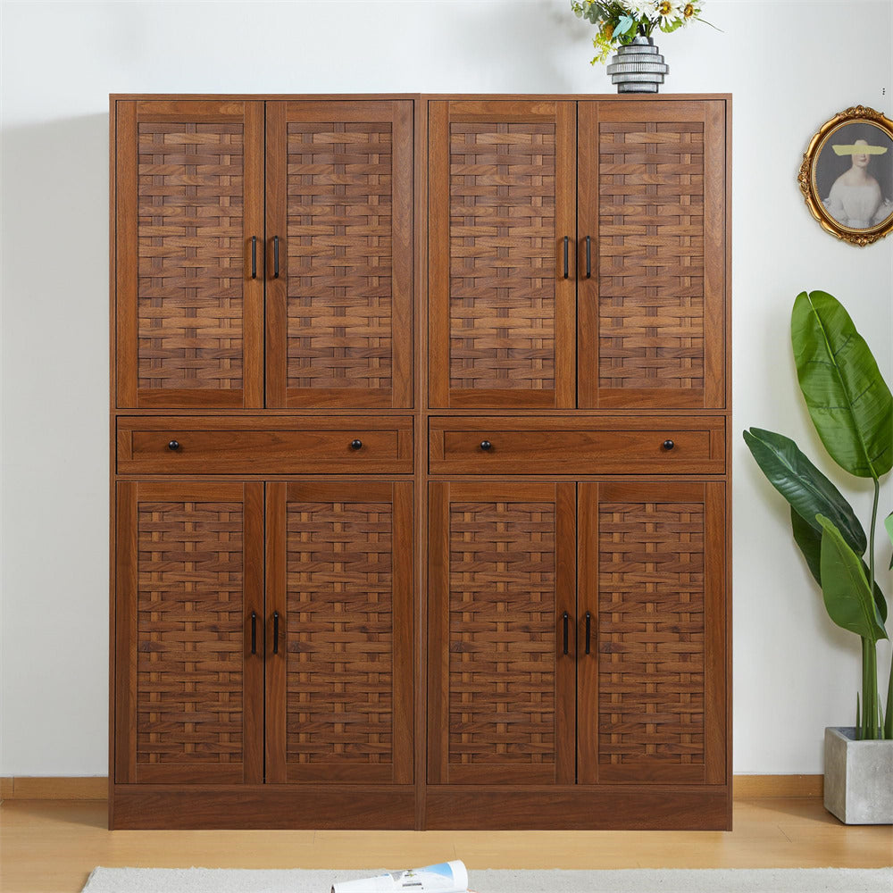 72" Kitchen Pantry Storage Cabinet Walnut with 4 Woven Doors and Adjustable Shelves
