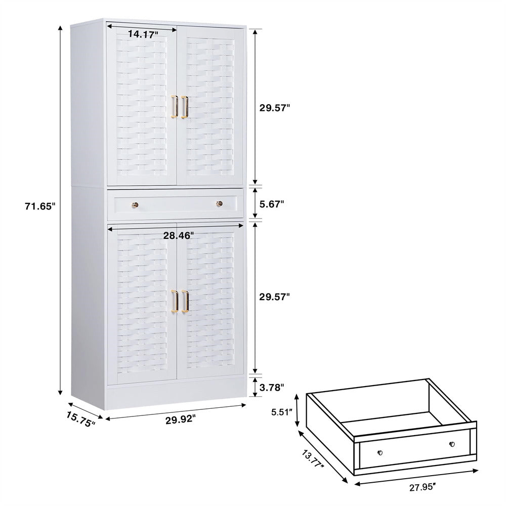72" Kitchen Pantry Storage Cabinet White with 4 Woven Doors and Adjustable Shelves Size
