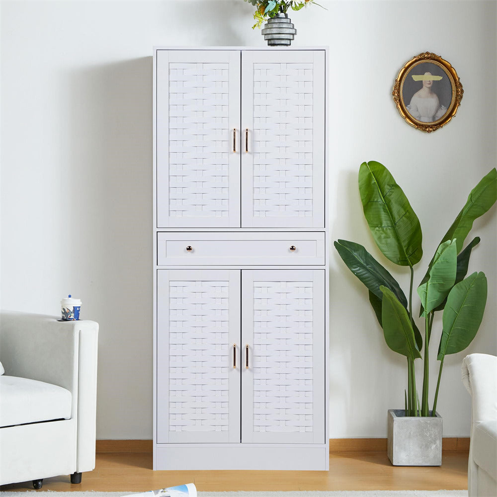 72" Kitchen Pantry Storage Cabinet White with 4 Woven Doors and Adjustable Shelves