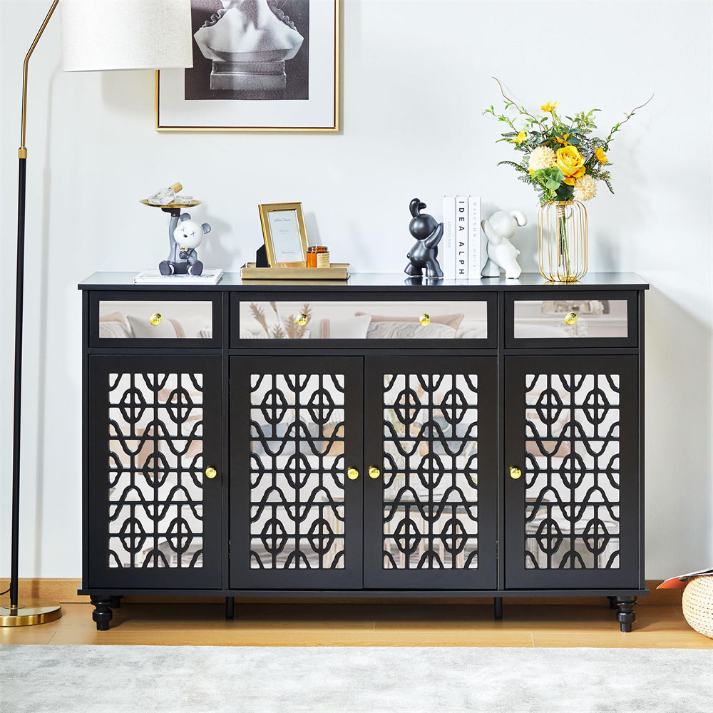 Mirrored Sideboard Console Table with Adjustable Shelves and 4 Mirror Doors