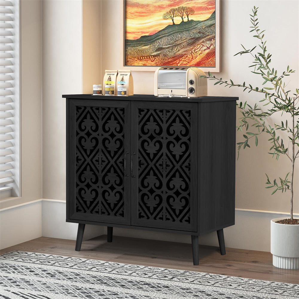 Accent Kitchen Sideboard Storage Cabinet Console Table Black with Cutout Carved Doors