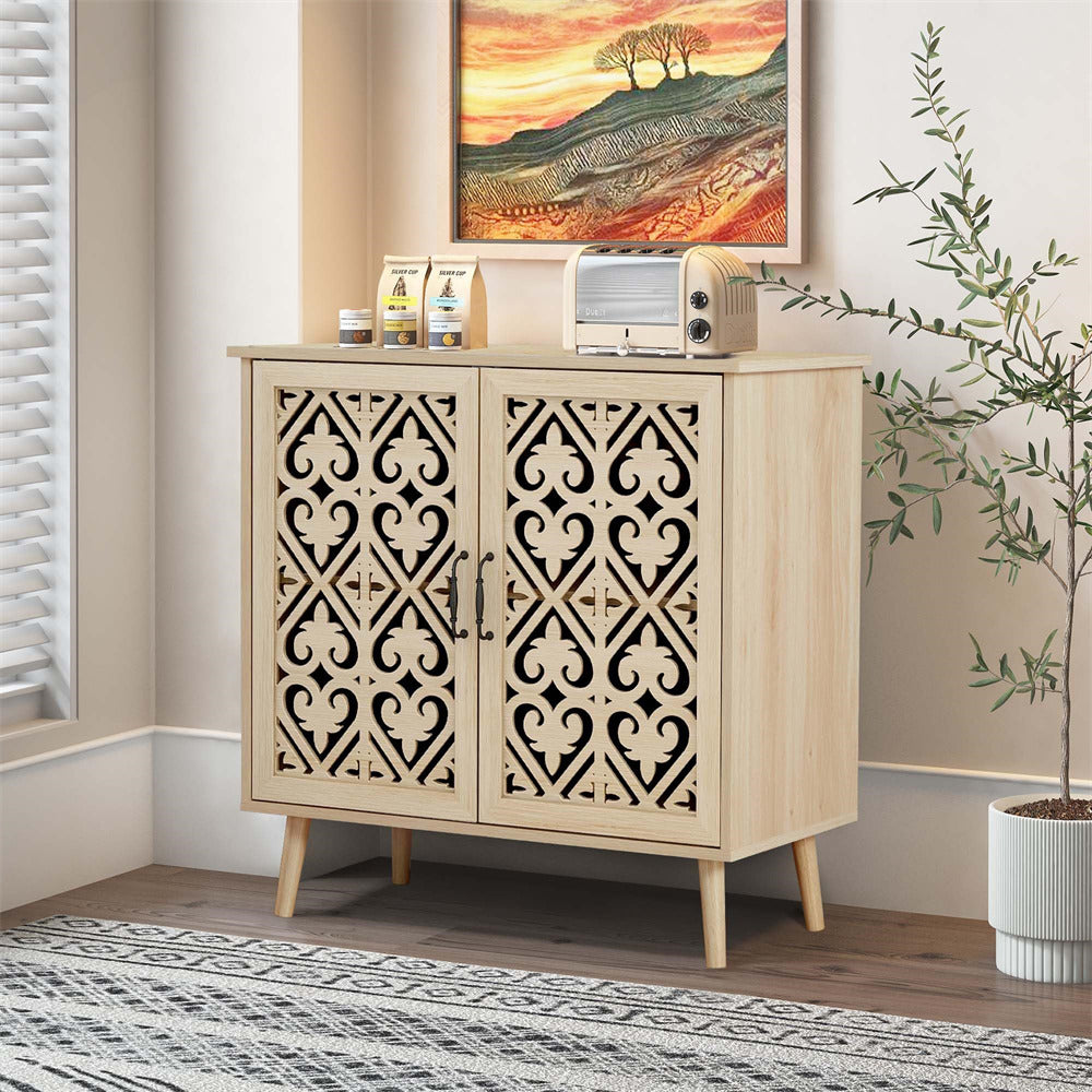 Accent Kitchen Sideboard Storage Cabinet Console Table Natural with Cutout Carved Doors