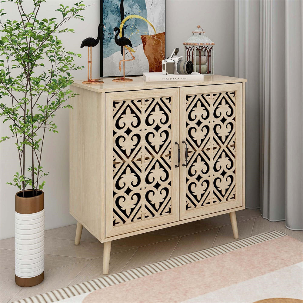 Accent Kitchen Sideboard Storage Cabinet Console Table Natural with Cutout Carved Doors