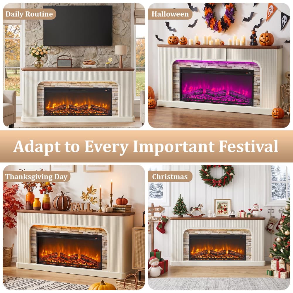A four-panel collage showing an electric fireplace styled for different holidays: Daily Routine, Halloween, Thanksgiving Day, and Christmas. The fireplace has a cream-colored mantel and frame with a glowing orange fire effect inside.
