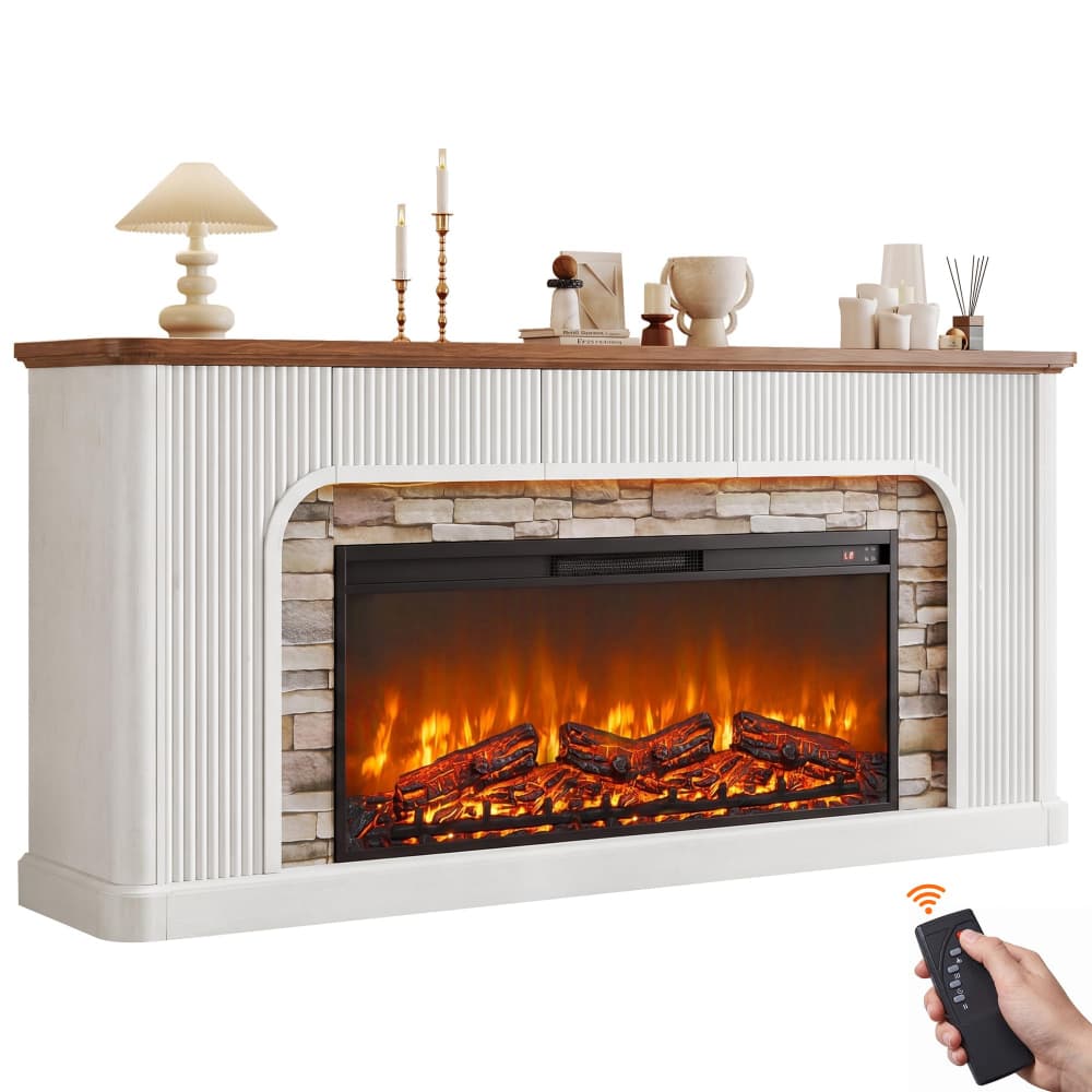 Artificial Stone 70" Fluted Fireplace TV Stand with 42'' Electric Fireplace for 65, 75, 80 inch TV