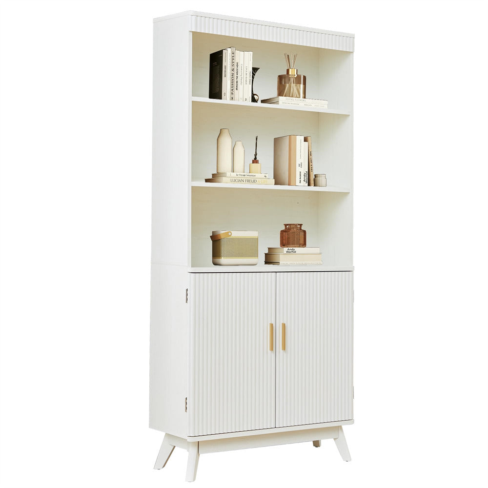 White bookshelf with decorative items on a white background