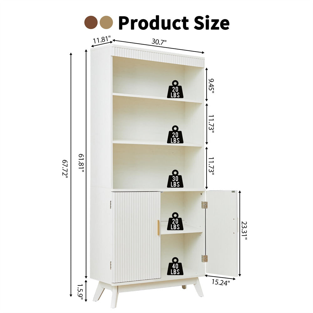 White bookshelf with dimensions and weight markers on a white background