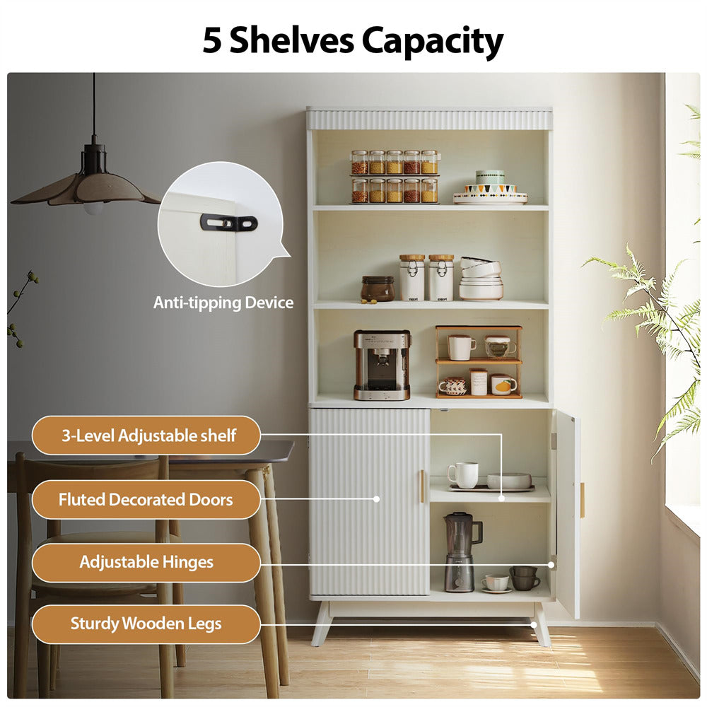 Kitchen cabinet with shelves and features highlighted, including anti-tipping device and adjustable hinges.
