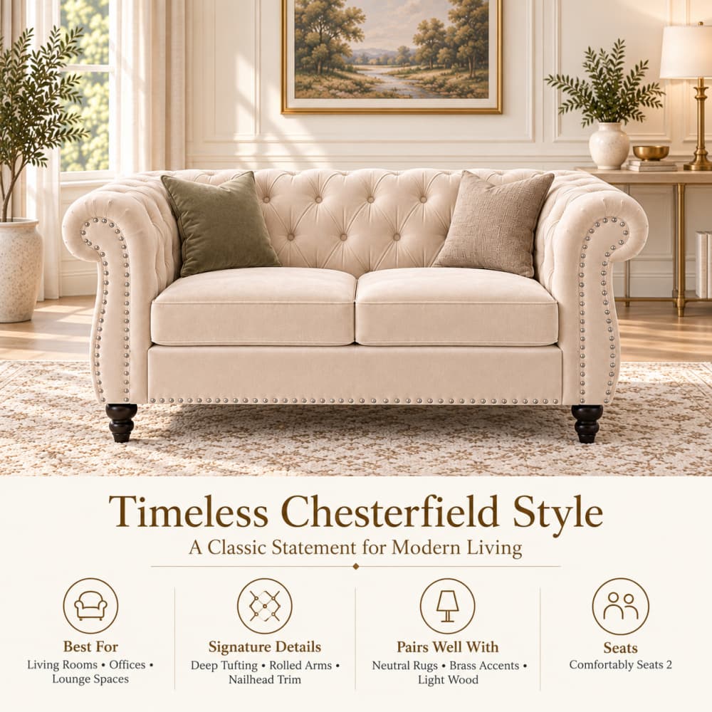 A cream Chesterfield-style loveseat sofa with tufted backrest, nailhead trim, rolled arms, and dark wooden legs, shown in a styled living room. The image includes marketing text and feature icons below the sofa.