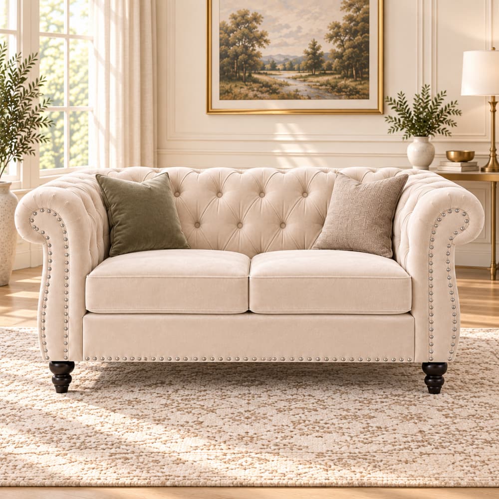 Beige Velvet Chesterfield Loveseat Sofa with Button Tufted Back