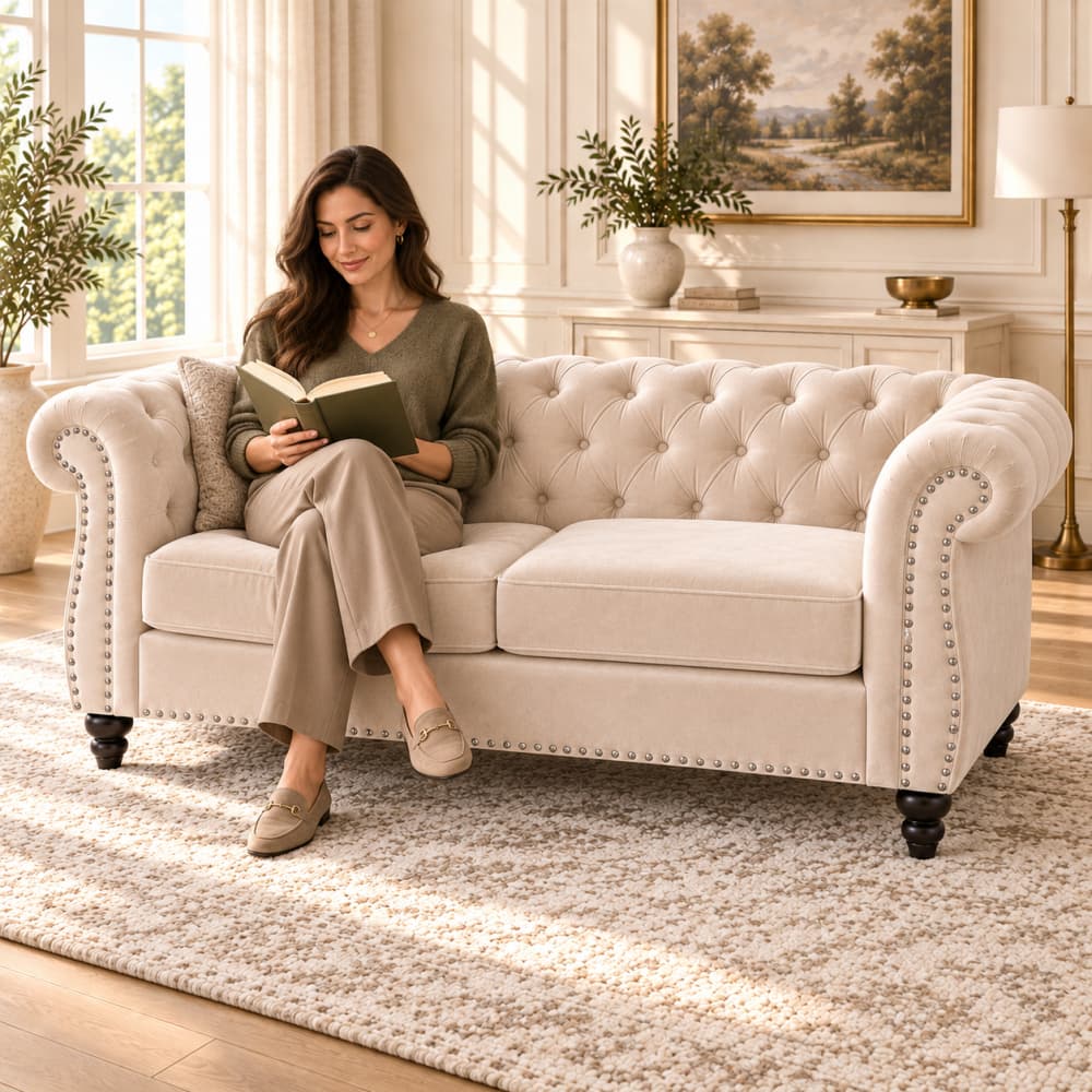 A woman sits on a tufted cream sofa in a bright, elegant living room, reading a book. The sofa has rolled arms, nailhead trim, and dark turned legs, placed on a textured rug with a lamp, plants, and framed wall art in the background.