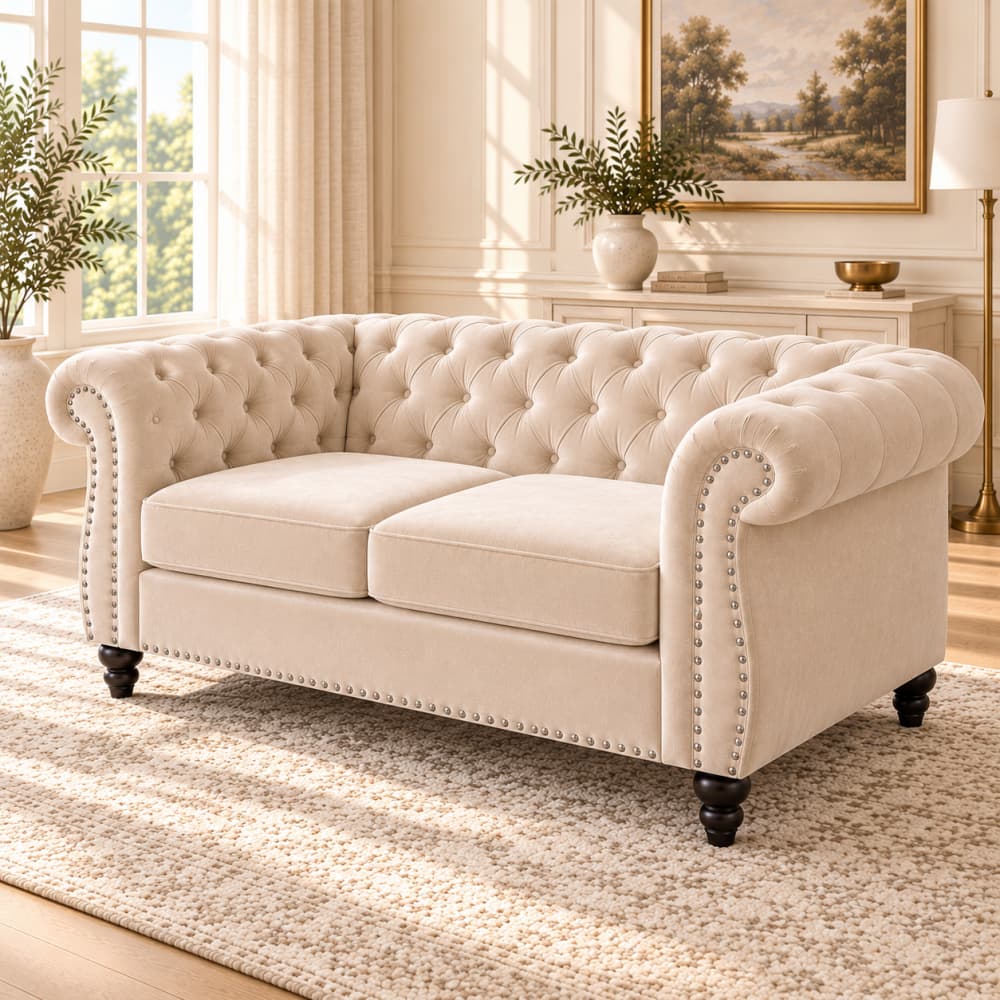 Beige Velvet Chesterfield Loveseat Sofa with Button Tufted Back