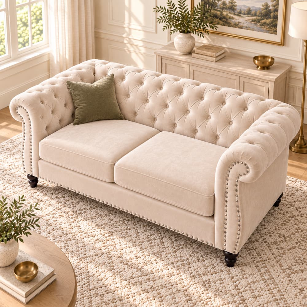 A classic Chesterfield loveseat sofa in cream-colored tufted fabric, styled with a single olive green accent pillow in a bright, elegant living room.