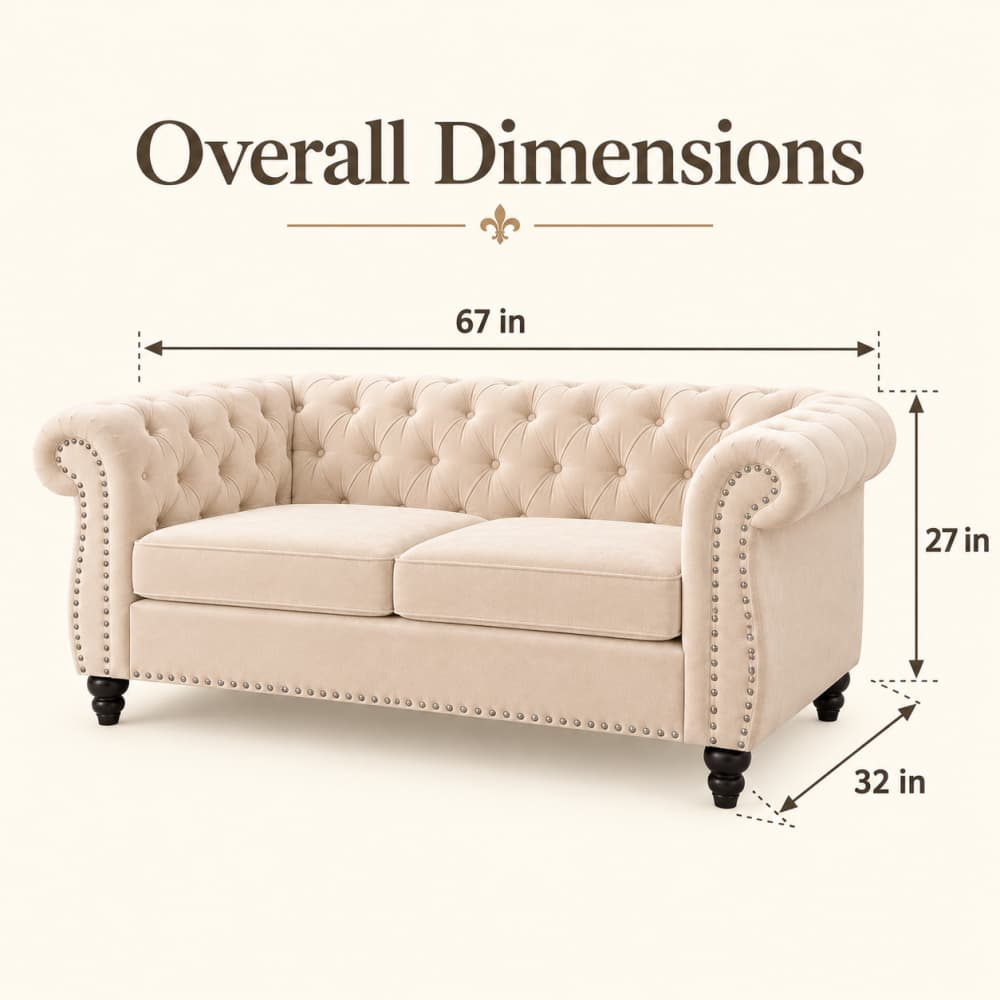 A beige tufted loveseat sofa shown with overlaid dimension arrows and labels reading 67 in wide, 27 in tall, and 32 in deep, under the heading 'Overall Dimensions' on a light cream background.