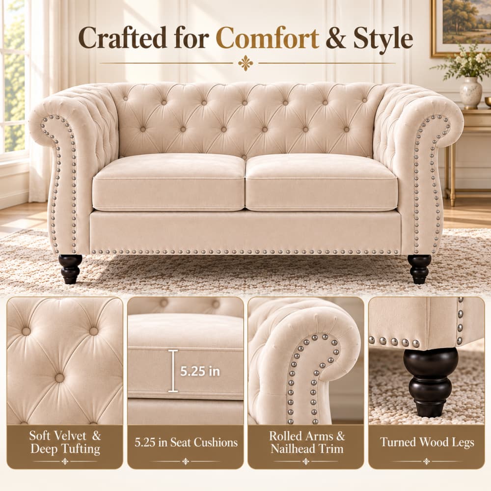 Beige Velvet Chesterfield Loveseat Sofa with Button Tufted Back