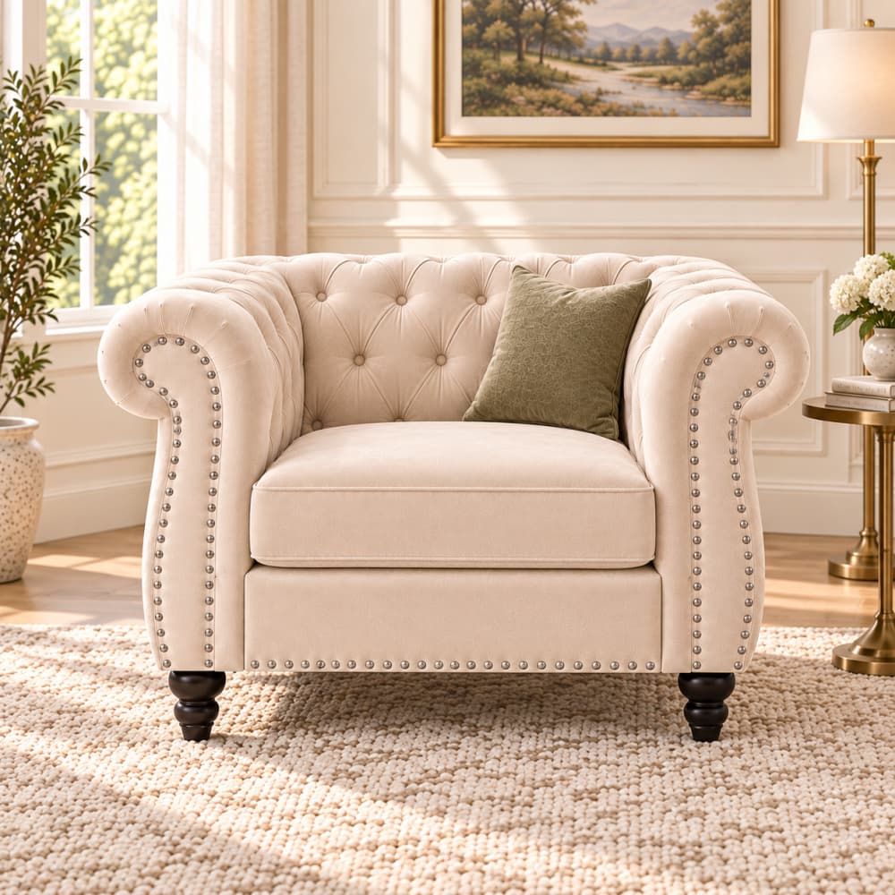 Beige Velvet Chesterfield Sofa Chair with Button Tufted Back