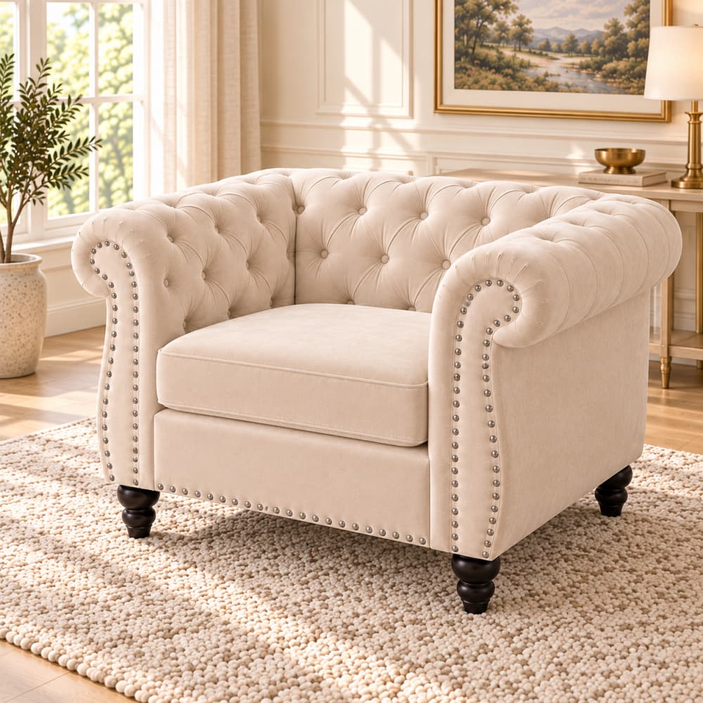 A cream tufted armchair with rolled arms, nailhead trim, and dark wooden legs, shown in a bright living room setting on a textured rug.