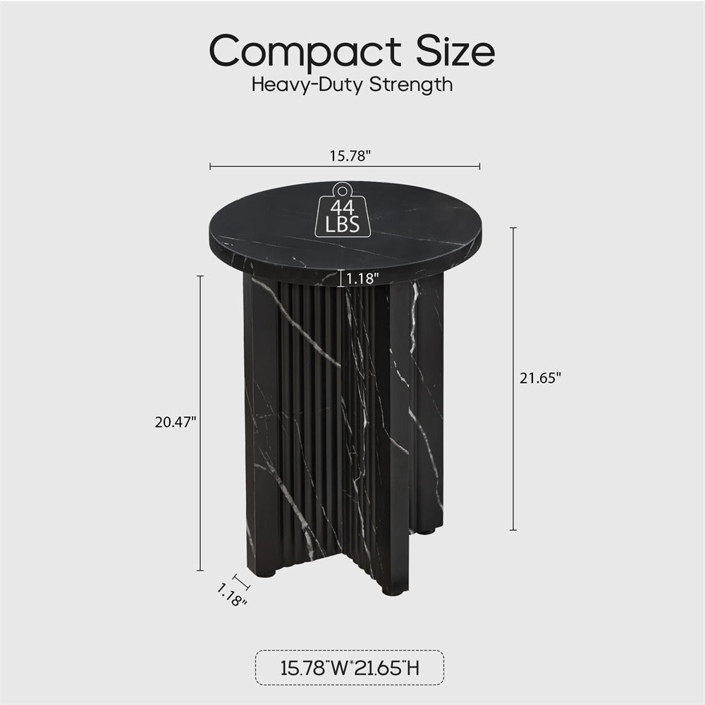 Black round side table with measurements on a light gray background