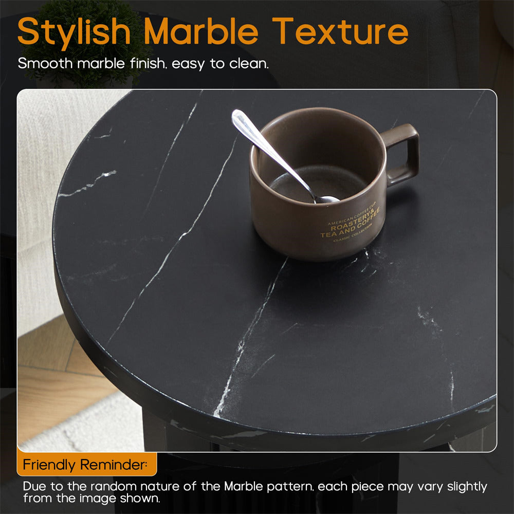 Brown mug with a spoon on a black marble surface, with text about marble texture.