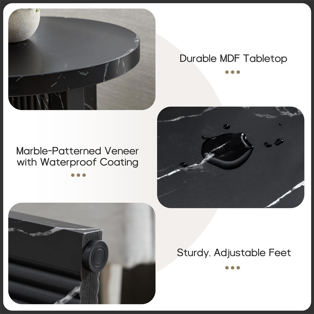 Collage of a black marble-patterned table with text highlighting features like durable MDF tabletop, marble-patterned veneer, and sturdy adjustable feet.