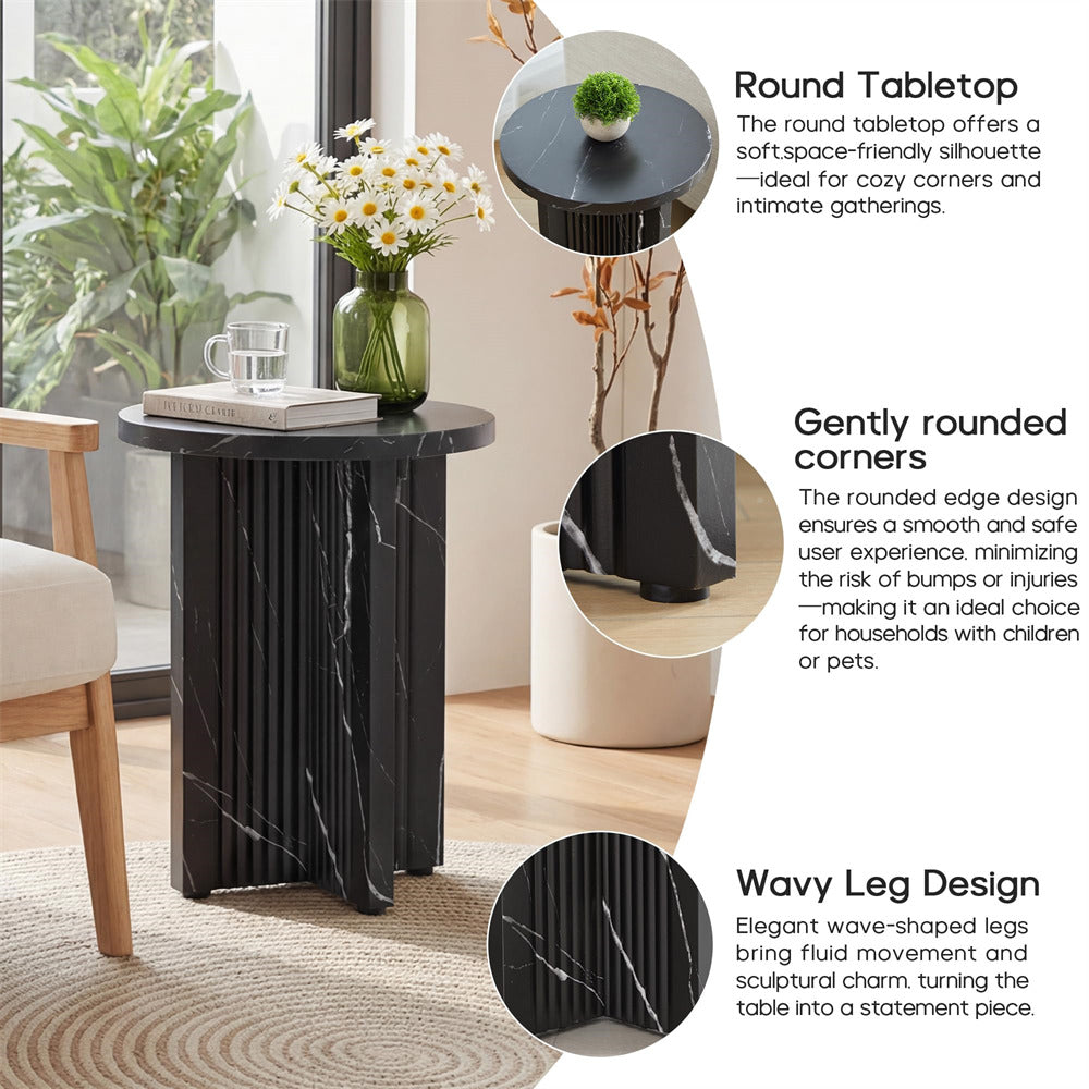 Black round table with marble texture in a room setting, featuring text about its design and uses.