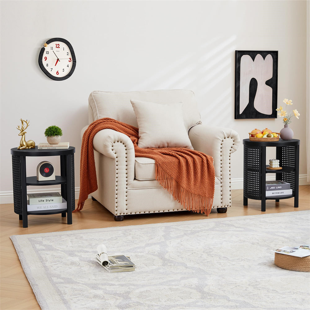 Living room with a white armchair, orange blanket, and decorative items.