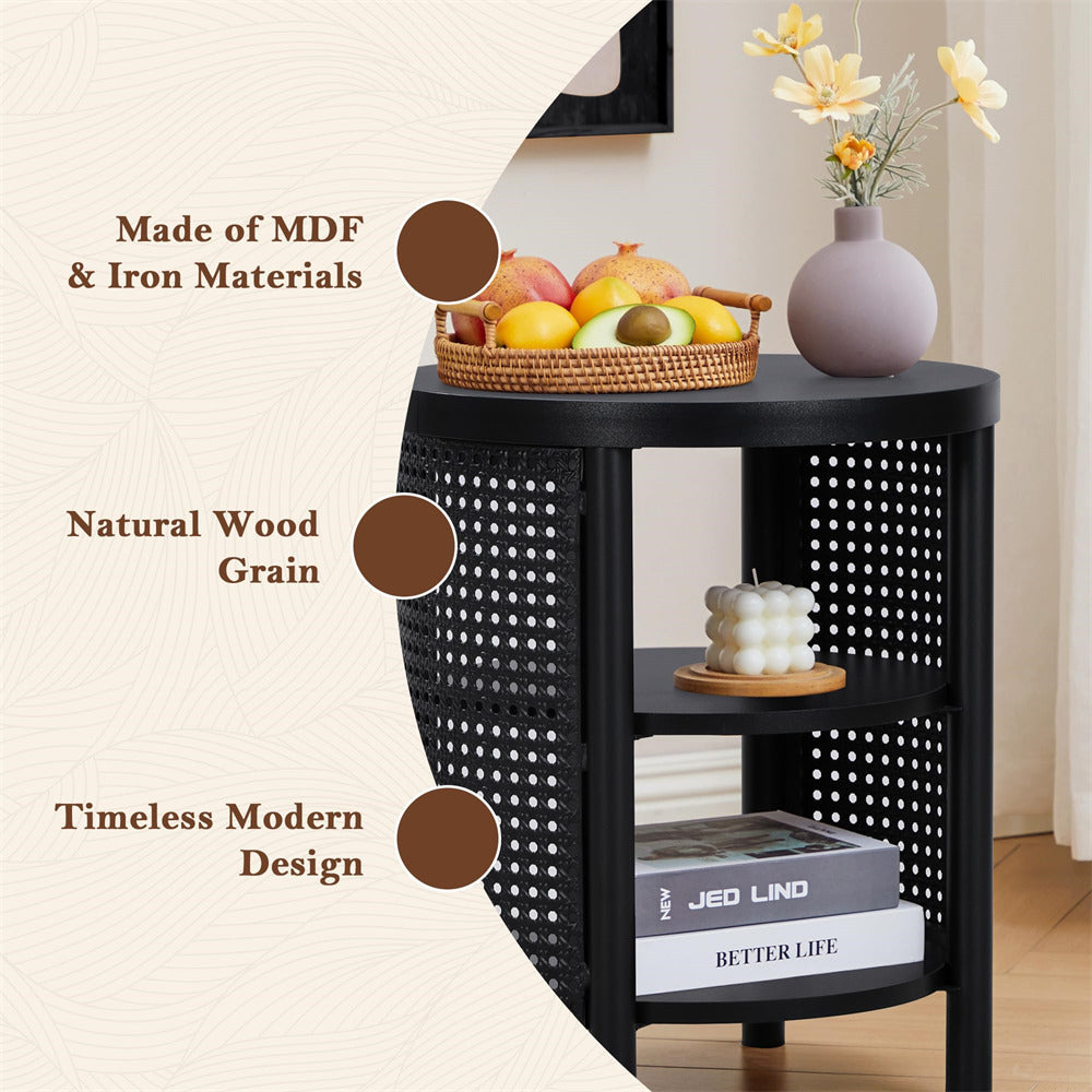 Black side table with decorative items and text highlighting material and design.