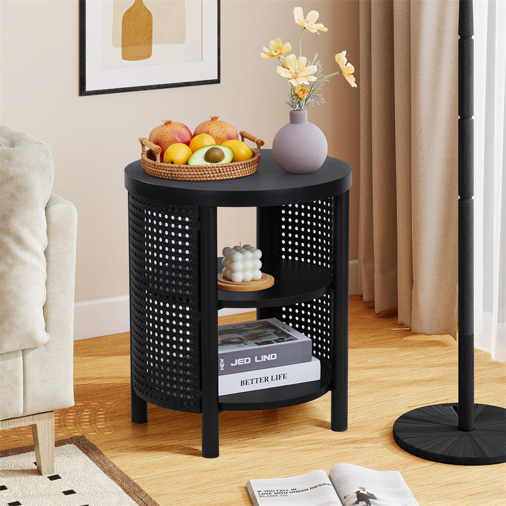 Black side table with wicker design in a living room setting
