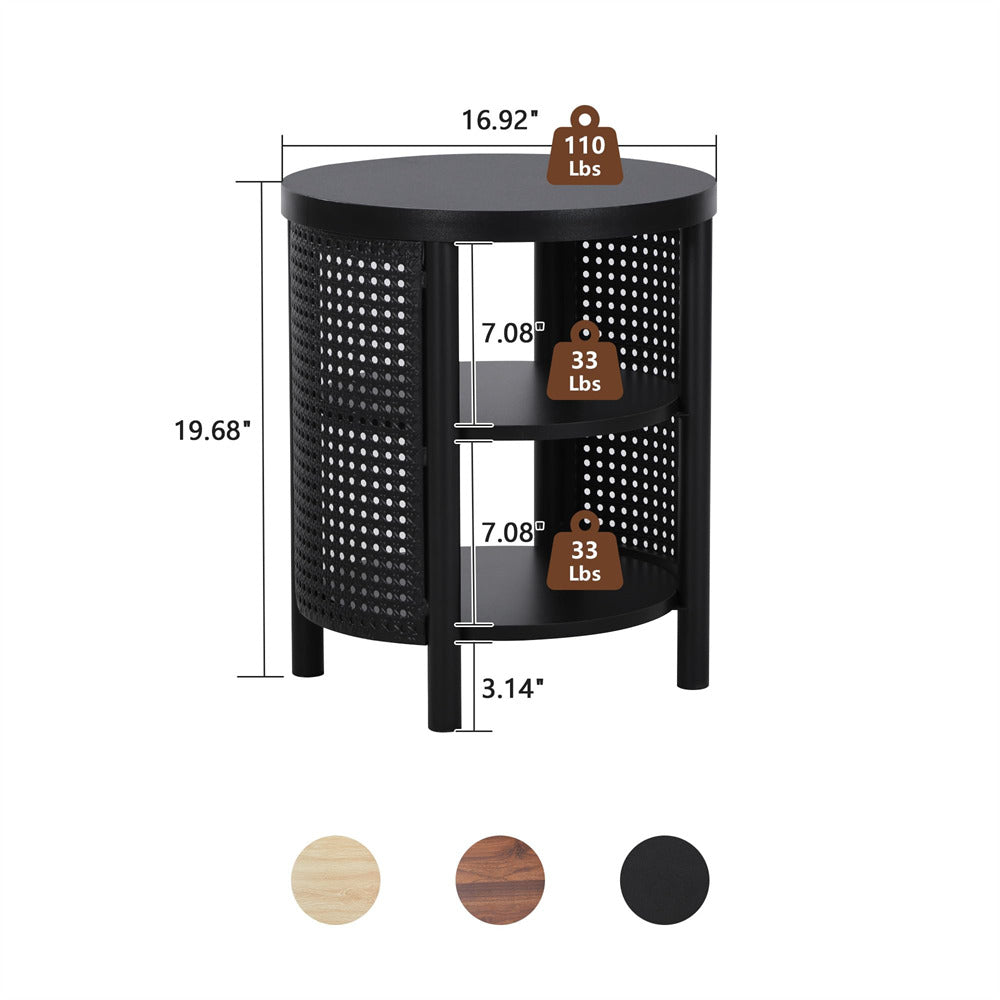 Black side table with dimensions and weight capacity on a white background