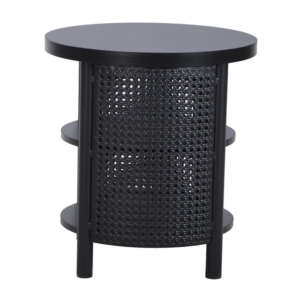 Black round side table with woven design on a white background