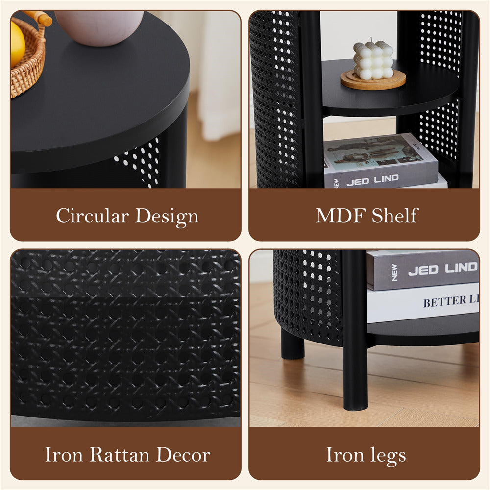 Black side table with circular design, MDF shelf, iron rattan decor, and iron legs.