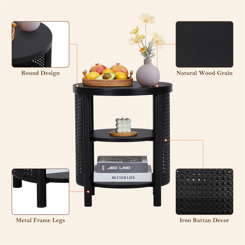 Black round side table with metal frame legs, natural wood grain finish, and iron rattan decor.