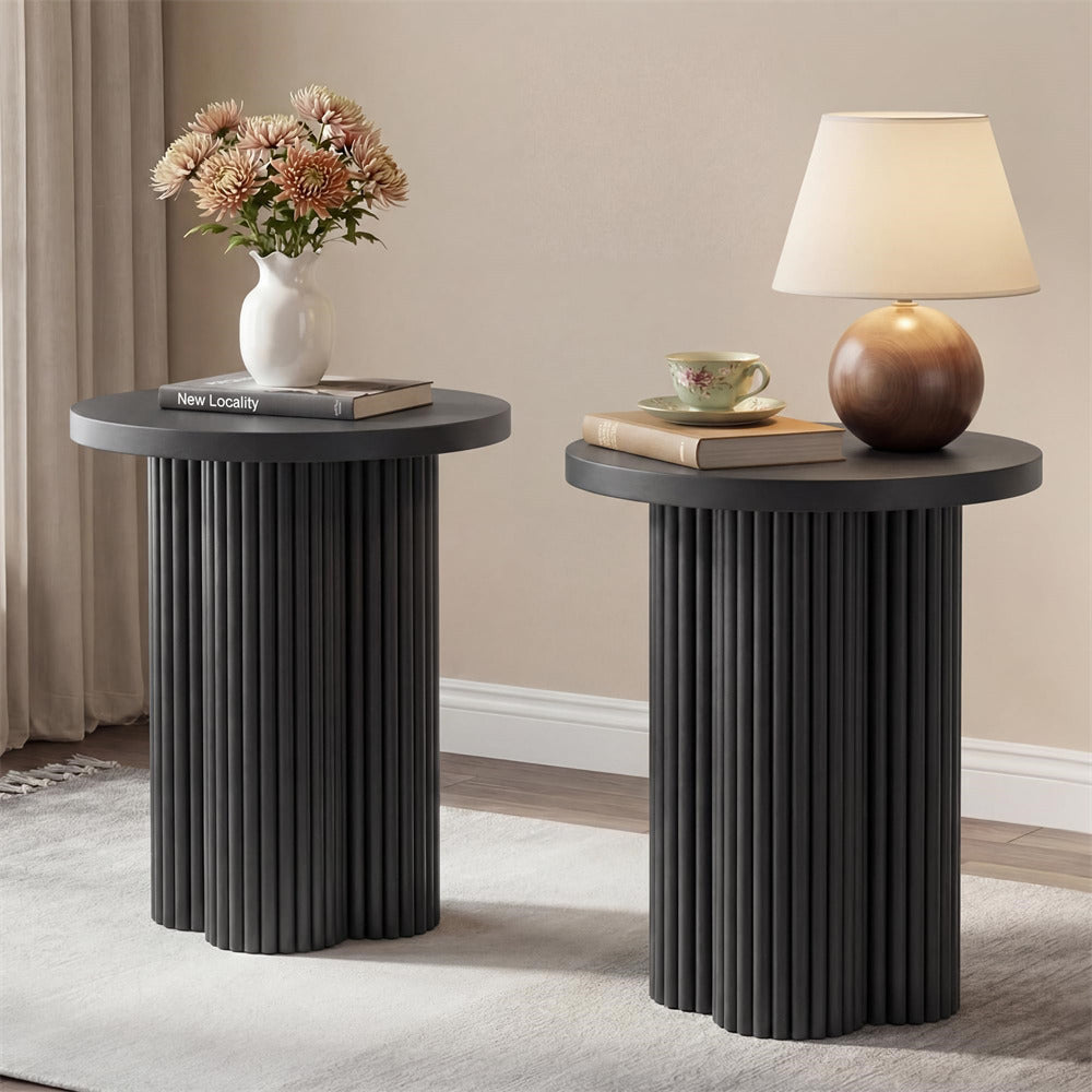 Black 17.7'' Mid Century Modern Side Table Round Fluted End Table Set of 2