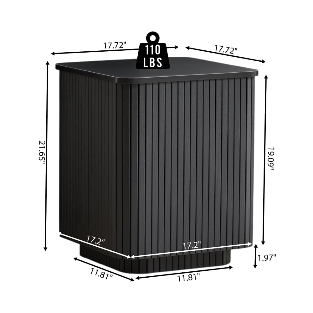 Black 18" Square Fluted End Table with Removable Lid Access and Storage Size