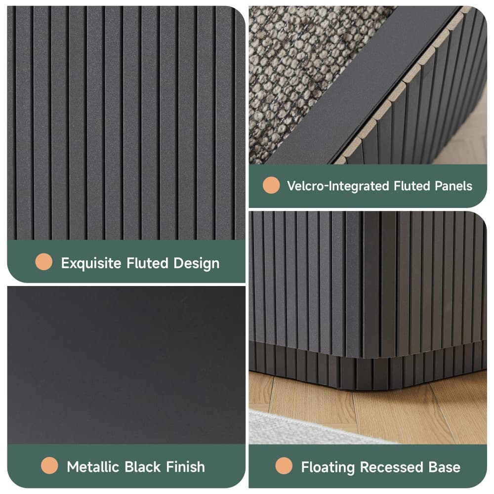 Four-panel product feature collage for a dark fluted floating base or panel system. The panels are shown in close-up with text callouts reading 'Exquisite Fluted Design,' 'Velcro-Integrated Fluted Panels,' 'Metallic Black Finish,' and 'Floating Recessed Base,' including one view of the product installed under a rug on a wood floor.