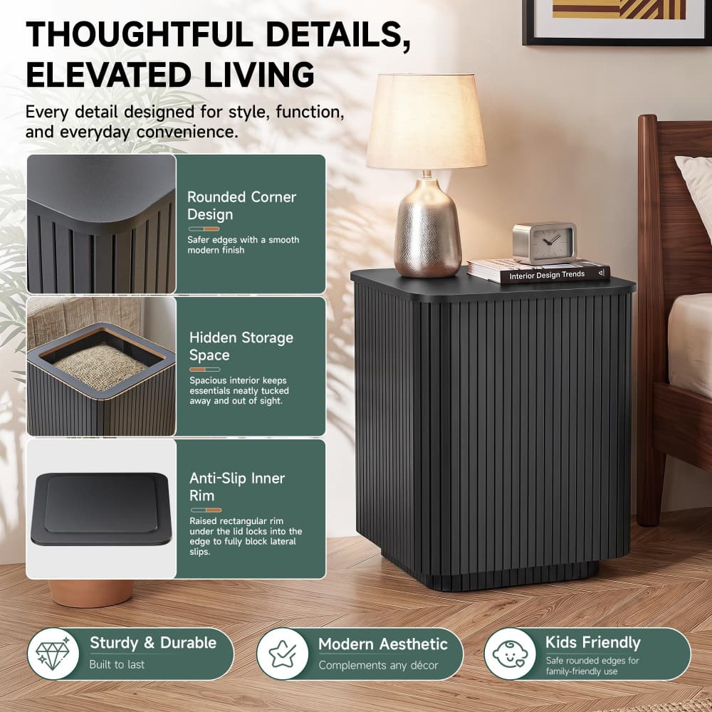Black 18" Square Fluted End Table with Removable Lid Access and Storage