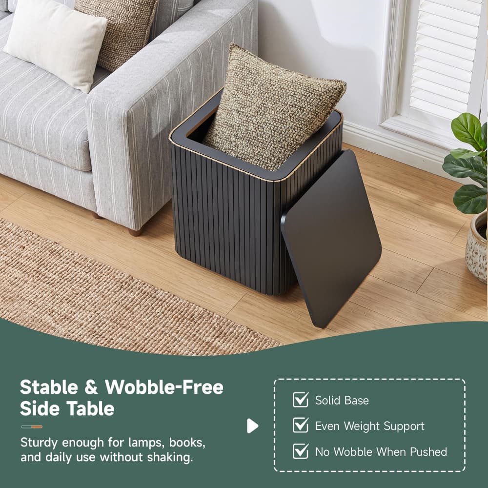 Black 18" Square Fluted End Table with Removable Lid Access and Storage