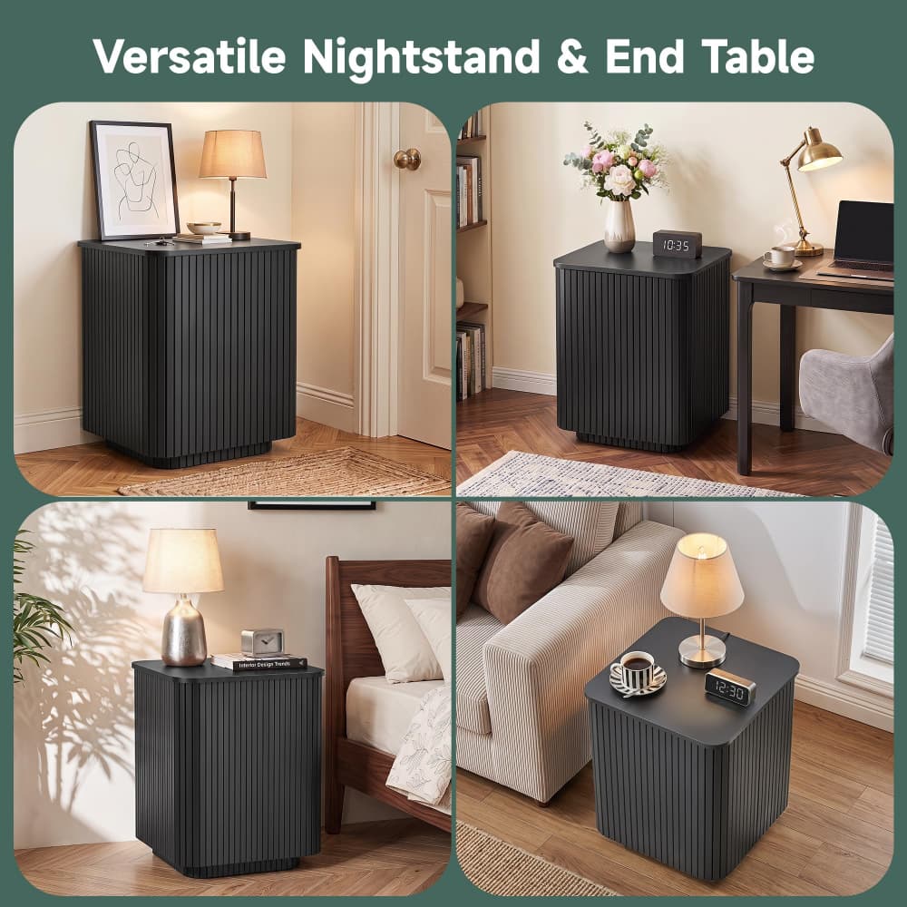 A four-panel collage showing a dark charcoal ribbed nightstand and end table styled in different home interiors: beside a bed, next to a sofa, and in a room with a desk setup. The panels include the text 'Versatile Nightstand & End Table' at the top.