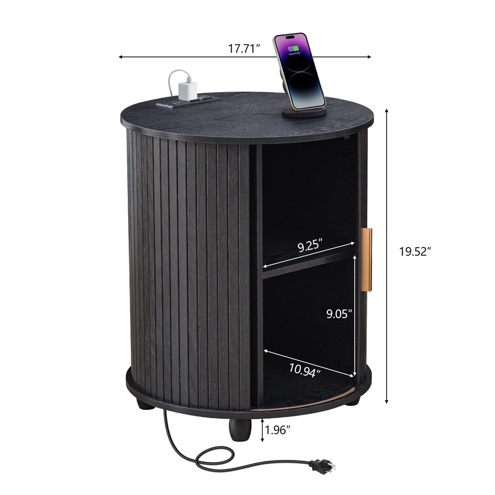 Black cylindrical side table with dimensions labeled on a white background