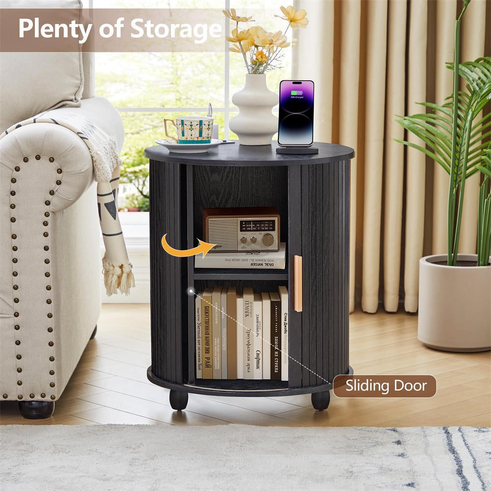 Black side table with sliding door in a living room setting