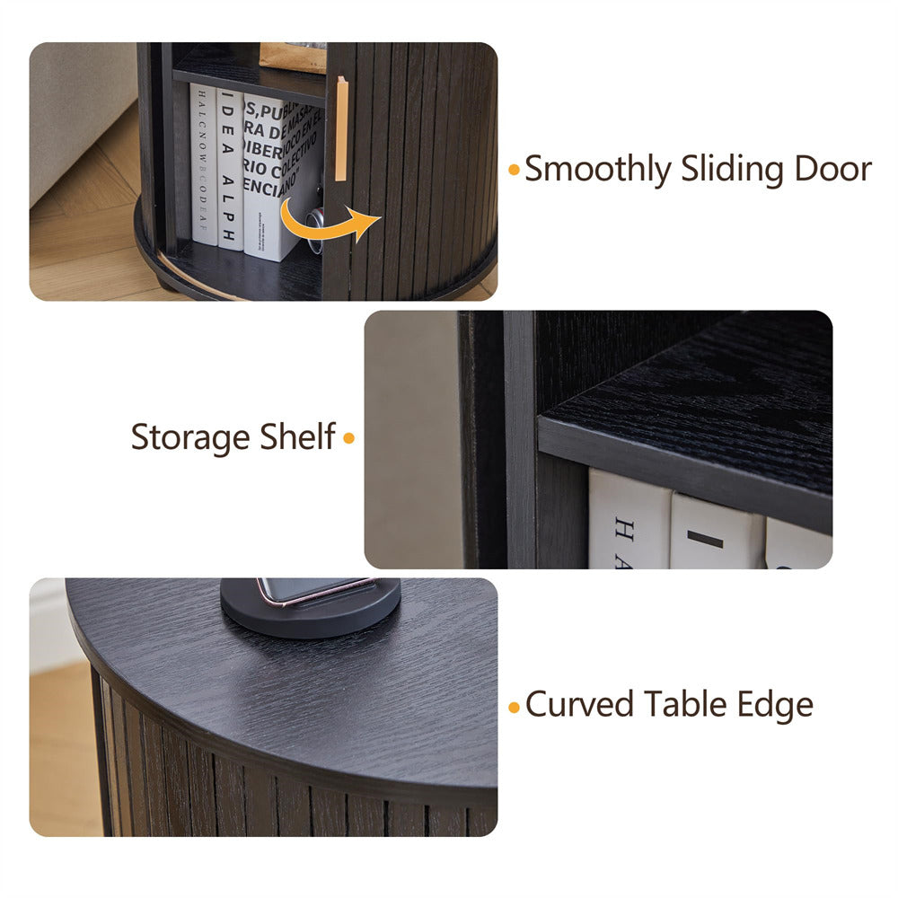 Collage of a corner desk with features labeled: smoothly sliding door, storage shelf, and curved table edge.