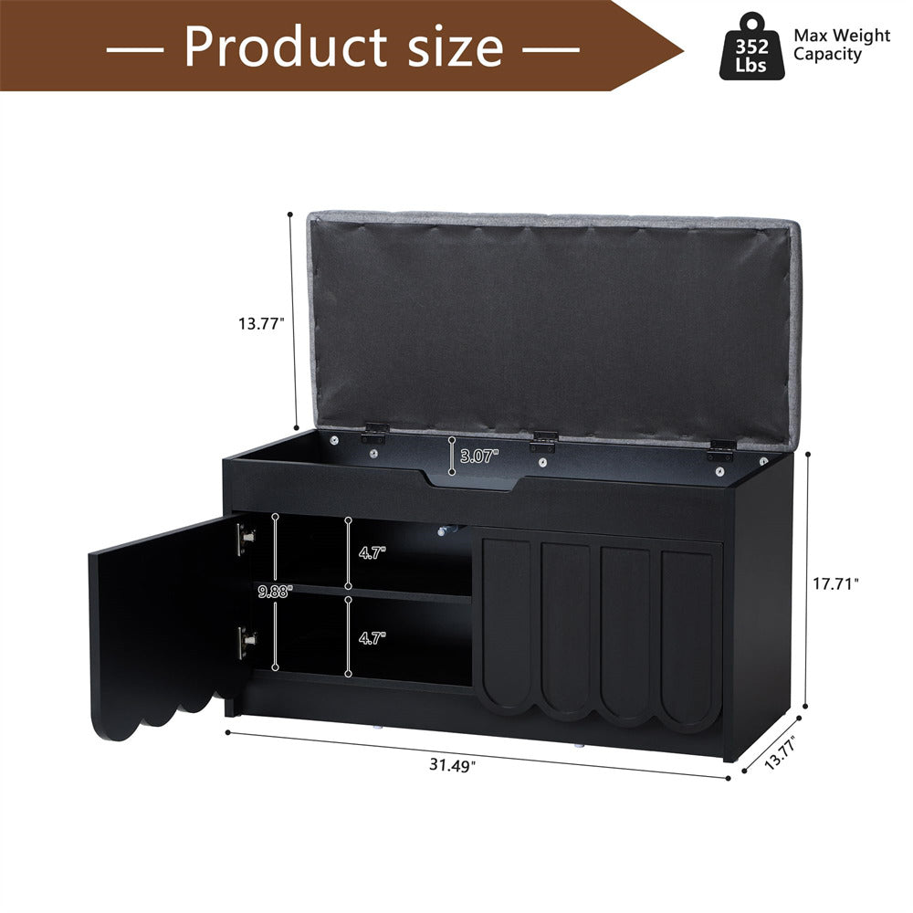 Black shoe storage bench with dimensions and weight capacity displayed