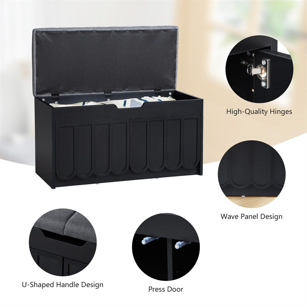 Black storage bench with detailed features highlighted on a white background