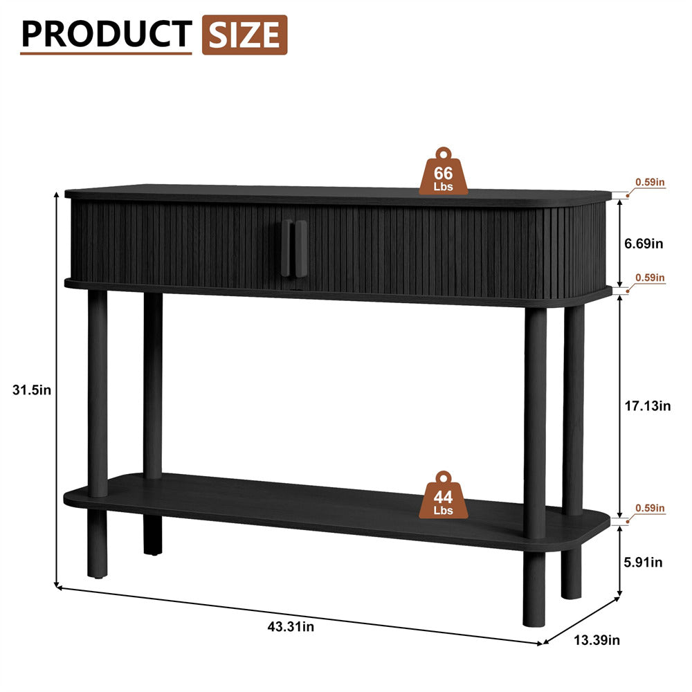 Black console table with dimensions and weight indicators on a white background