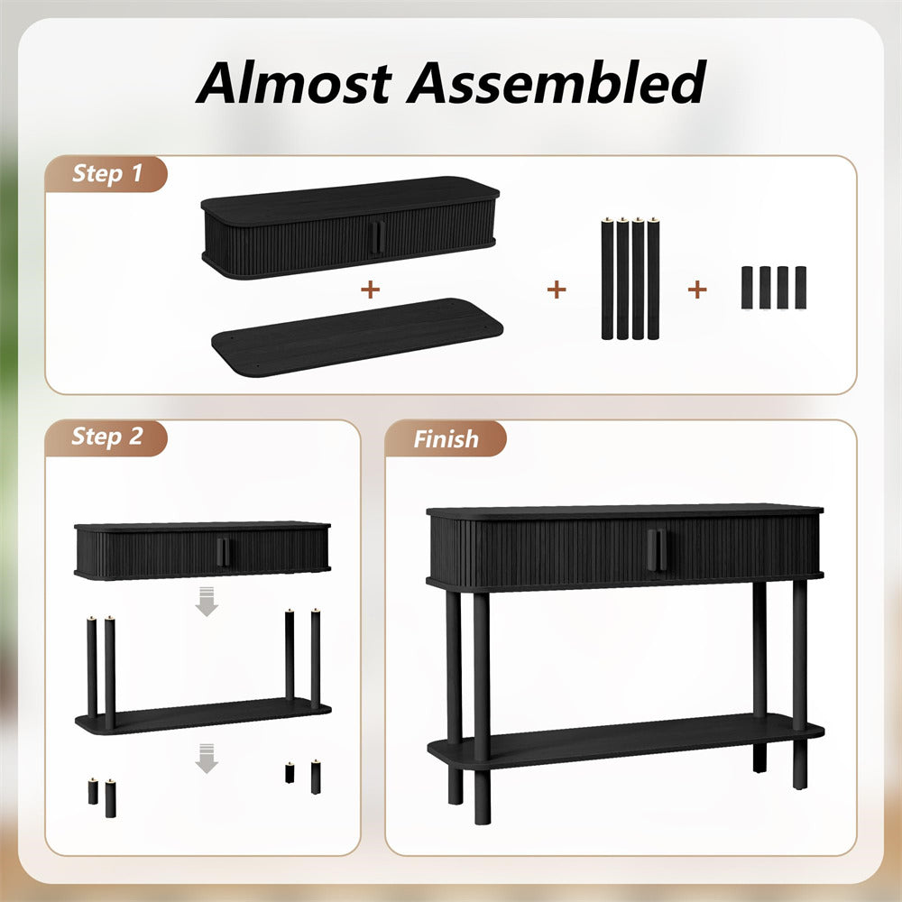 Step-by-step assembly guide for a black console table with labeled parts and stages.