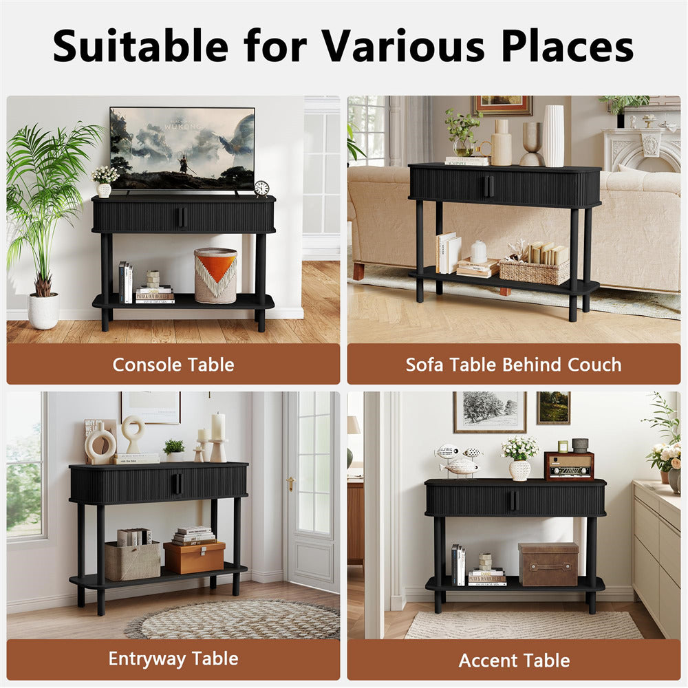 Black console table shown in various room settings including a living room and entryway.
