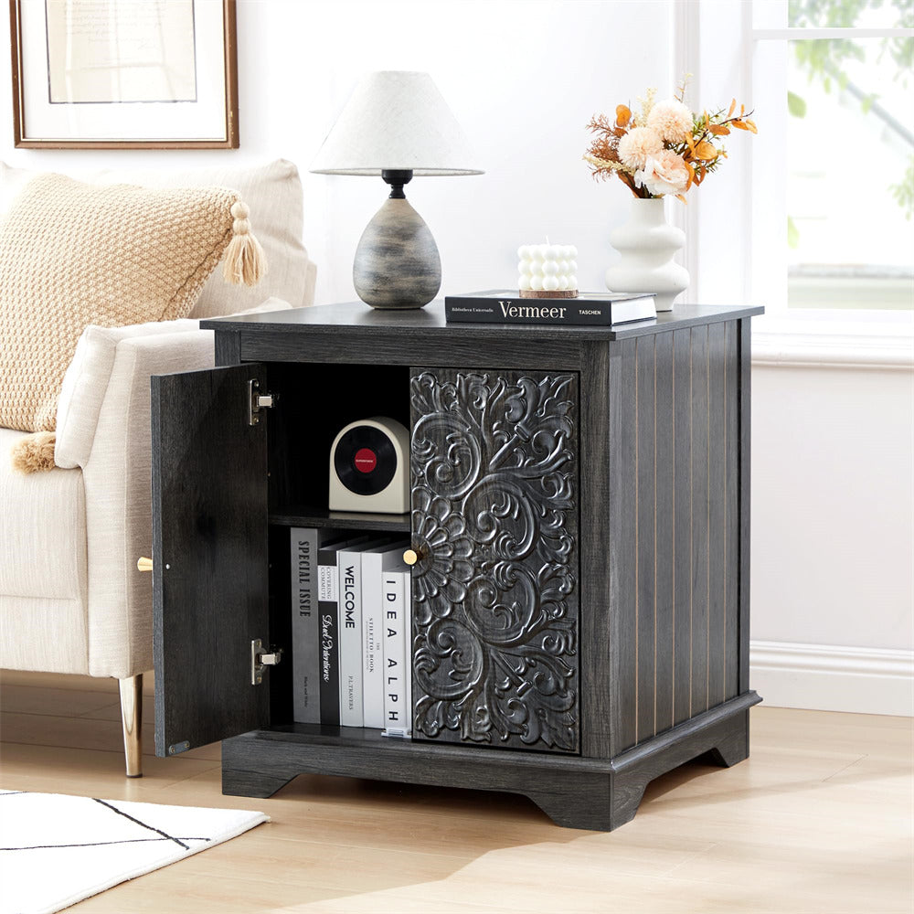 Black 24" Wide Wooden Square Farmhouse End Table with Carved Floral Door