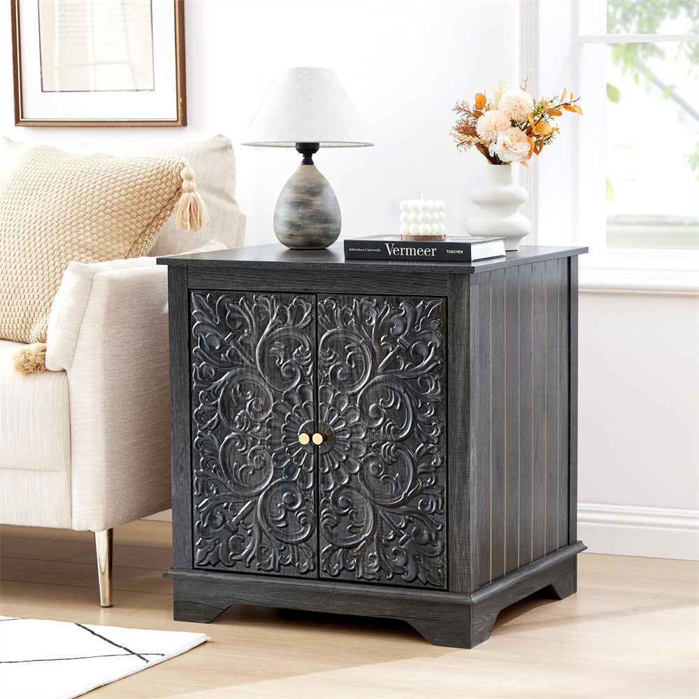 Blue 24" Wide Wooden Square Farmhouse End Table with Carved Floral Door