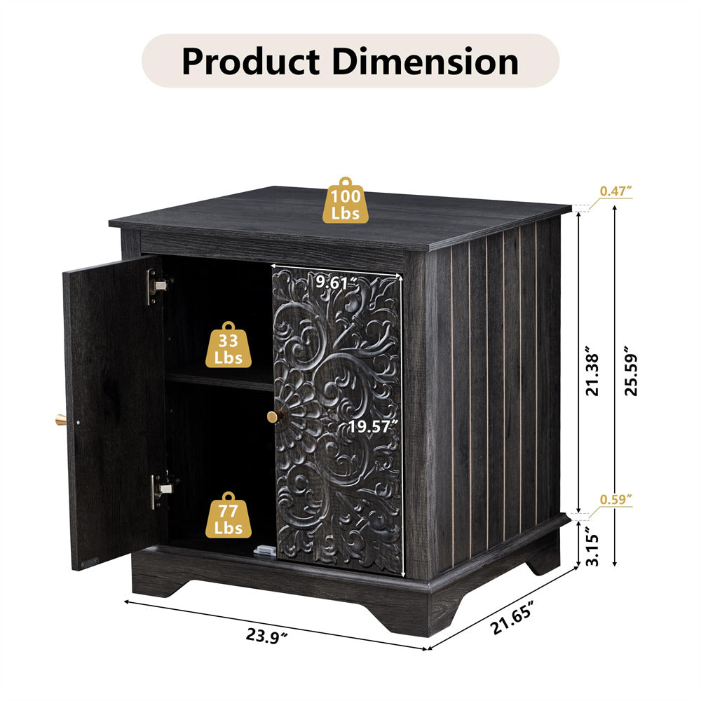 Black 24" Wide Wooden Square Farmhouse End Table with Carved Floral Door