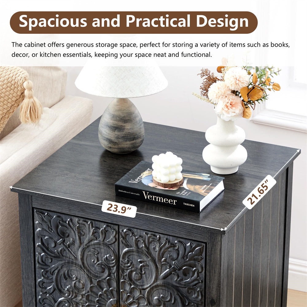 Dark wooden cabinet with decorative elements and text highlighting its spacious and practical design.